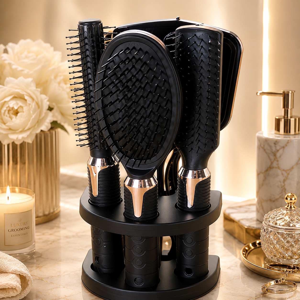 Amber Sky™ Professional Hairbrush & Comb Set with Stand
