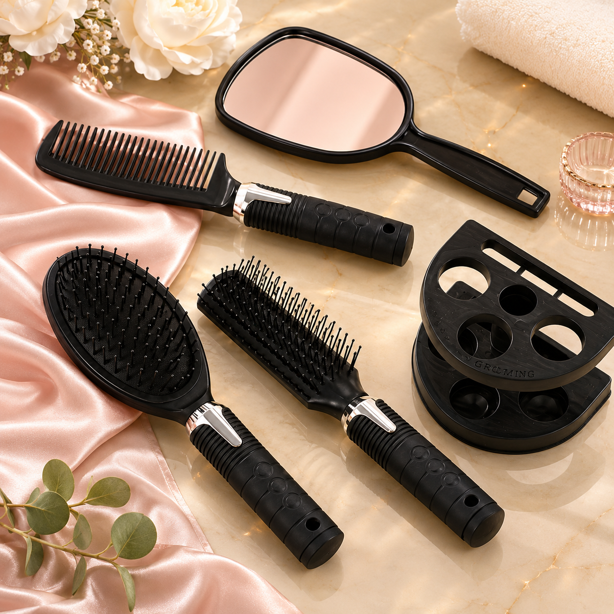 Amber Sky™ Professional Hairbrush & Comb Set with Stand